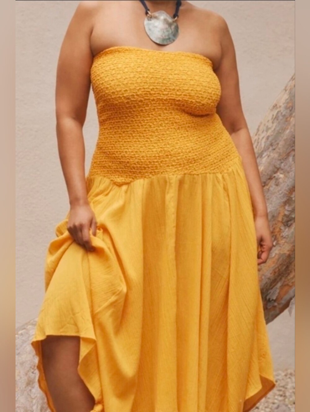 Ashro Strapless Smocked Bodice Maxi Dress in Mustard Yellow